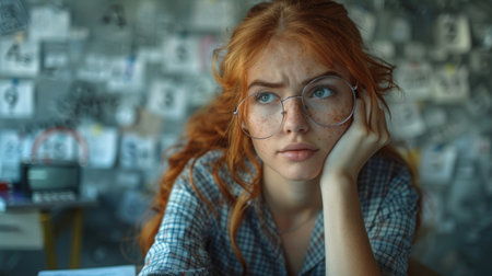 Woman With Red Hair and Glasses Sitting at Tableの素材