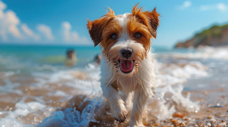 Brown and White Dog Running on Beachの素材