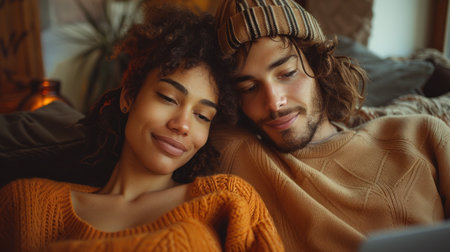 Man and Woman Laying on Bed With Tabletの素材