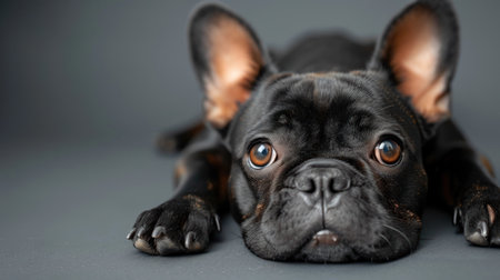 Small Black Dog Resting on Gray Floorの素材