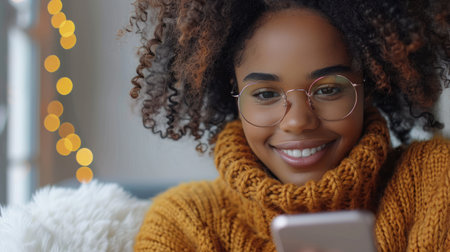 A woman with glasses using a cell phone.の素材