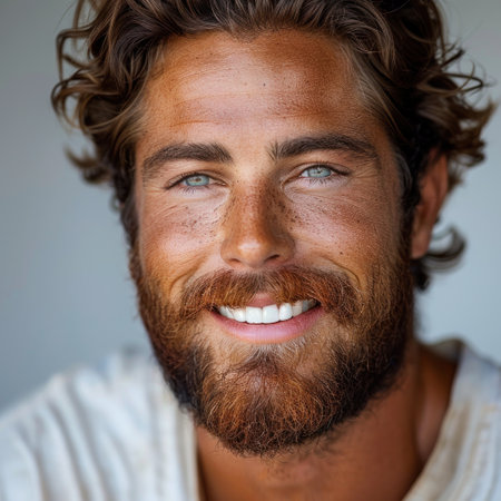 Detailed view of a persons face with a prominent beard.の素材