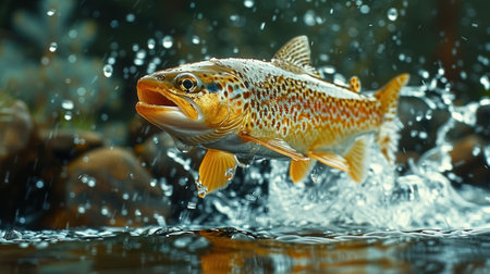 A fish jumps high out of the water, showcasing its dynamic movement.の素材