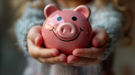 A woman holds a pink piggy bank in her hands.の素材