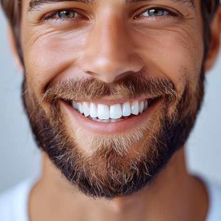 A close-up view of a man smiling joyfully, showcasing his beard.の素材