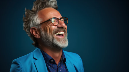 Bearded man wearing glasses smiling in close-up portrait.の素材