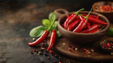 A wooden bowl brimming with vibrant red chili peppers.の素材