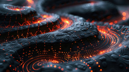 Detailed close up of black surface illuminated by striking red lights.の素材