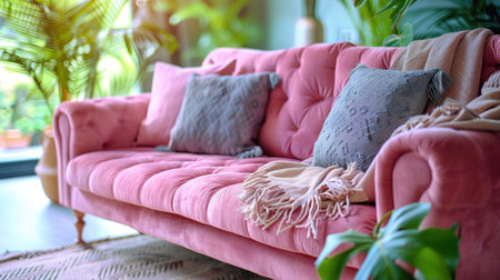 A pink couch is placed in a living room next to a window.の素材