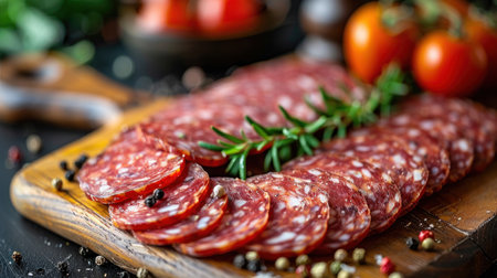 A wooden cutting board covered with slices of salami.の素材