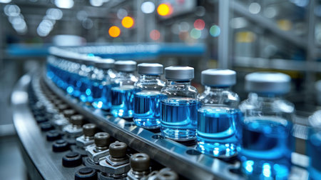 Bottles of water moving on a conveyor belt in a factory.の素材