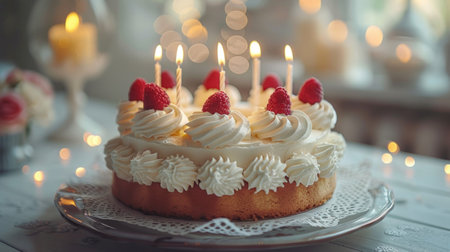 A cake topped with white frosting and fresh strawberries.の素材