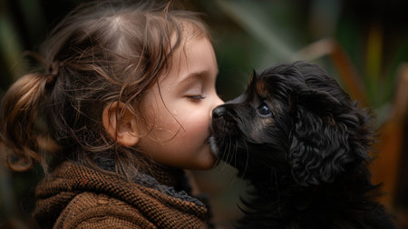 Young female child affectionately kissing a tiny black canine.の素材