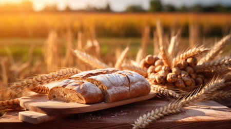 A loaf of bread rests on a rustic wooden cutting board.