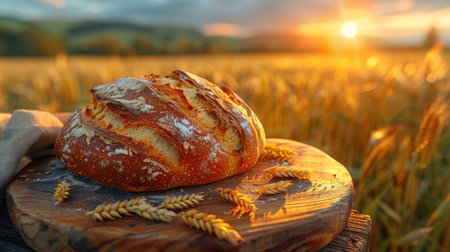 A loaf of bread placed on a wooden board.の素材