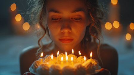 A young girl holding a birthday cake with lit candles.の素材
