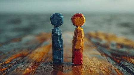 Two figurines sitting on a wooden table.の素材