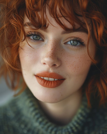 A detailed view of a woman with vibrant red hair.の素材