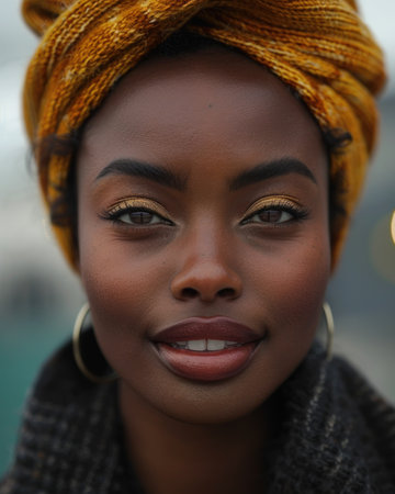 A woman with a yellow turban on her head.の素材
