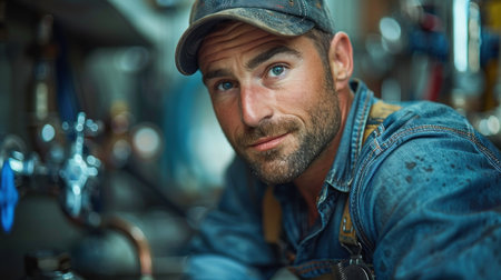 A man wearing a hat, leaning on a pipe.の素材