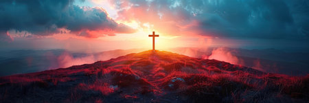 Cross stands on mountain against cloudy sky.の素材