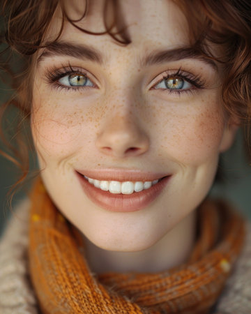 Close-up of a cheerful woman with freckles.の素材