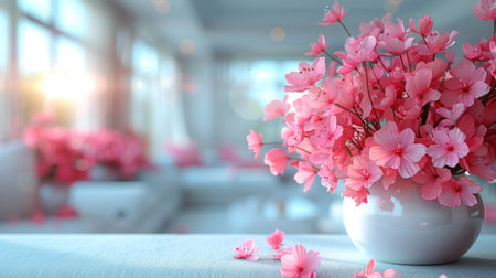A white vase on a table filled with pink flowers.の素材