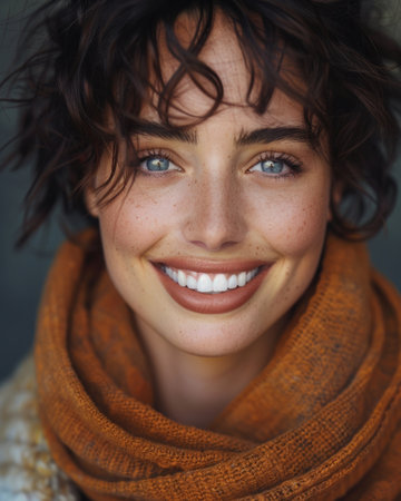 Close-up of a smiling woman with sparkling eyes.の素材