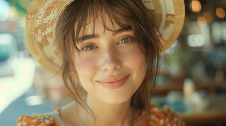 A woman wearing a hat smiles at the camera.の素材
