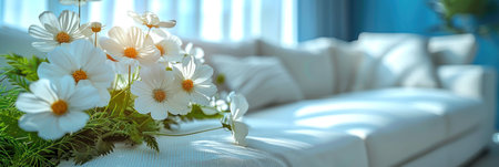 A bouquet of white flowers placed on a white couch.の素材