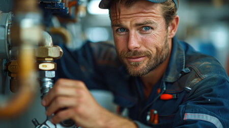 A man diligently working on a pipe inside a factory.の素材
