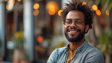 A man with a beard and glasses is smiling.の素材