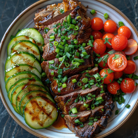 A white plate with a juicy steak, freshly sliced cucumbers, and ripe tomatoes.の素材