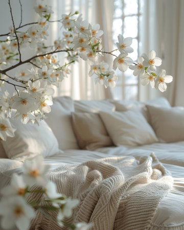 A living room featuring a white couch adorned with white pillows.の素材