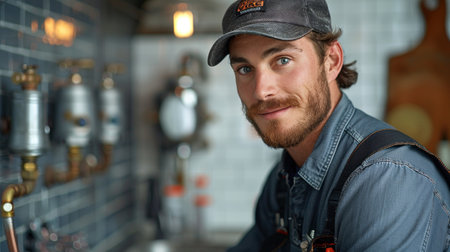 A man wearing a hat and apron preparing food in a kitchen.の素材