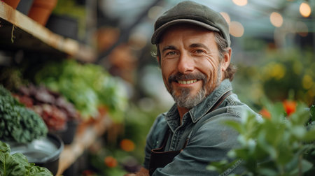 A man wearing a hat smiles in a garden center.の素材