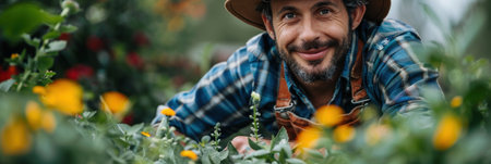A man wearing a hat and plaid shirt.の素材