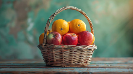 A wicker basket holds a mix of apples and oranges.の素材