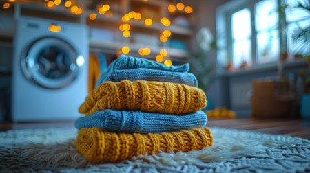 Stack of socks resting on a textured rug.の素材