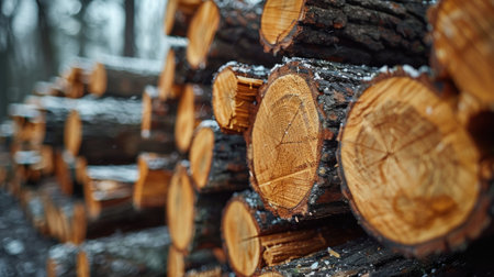 A neat arrangement of stacked logs side by side.の素材