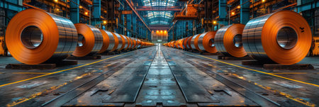 Busy factory filled with numerous metal pipes on the production floor.の素材