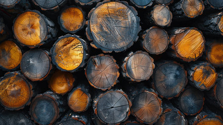 A pile of cut logs stacked on top of each other.の素材