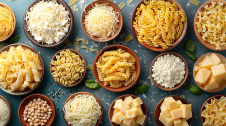 Table displaying bowls filled with different types of pasta.の素材