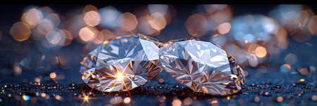 Two diamonds glistening on reflective surface.の素材