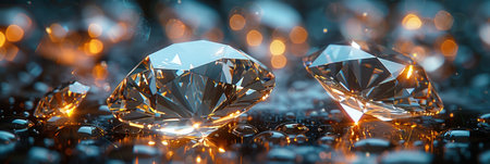 Two sparkling diamonds on a shiny surface.の素材