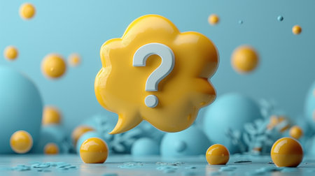 A yellow question bubble is surrounded by numerous blue balls.の素材