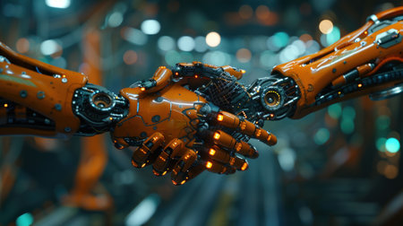 Close-up of a robotic hand shaking another hand.の素材