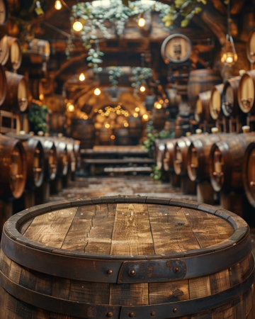 Several barrels are neatly arranged in a room with no other objects.の素材