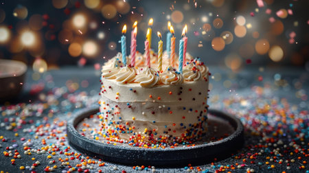 Birthday cake with white frosting and candles lit, ready for celebration.の素材