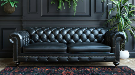 A black leather couch is the focal point of a modern living room.の素材